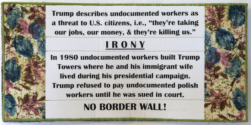 The current administration's false narrative that migrants are taking our jobs, etc. is false. Many jobs that American workers refuse to do, are done by migrants. Trump hired undocumented Polish workers to build Trump Towers where he lived during his presidential campaign. This brick shows the irony that Trump refused to pay Polish workers until he was sued.