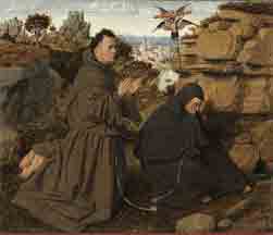 An illusion of depth using atmospheric perspective is evidenced in this painting of 2 priests in brown cloaks kneeling on the ground among rock outcroppings with city visible in the distance.