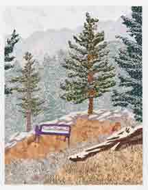 An illusion of depth using atmospheric perspective is evidenced in this art quilt of park bend on outcropping overlooking receding ridges of tree covered hills in a snowstorm.