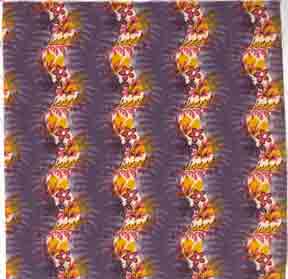 Ugly fabric with undulating purple stripes alternated with curved stripes of gold and red flowered vines.